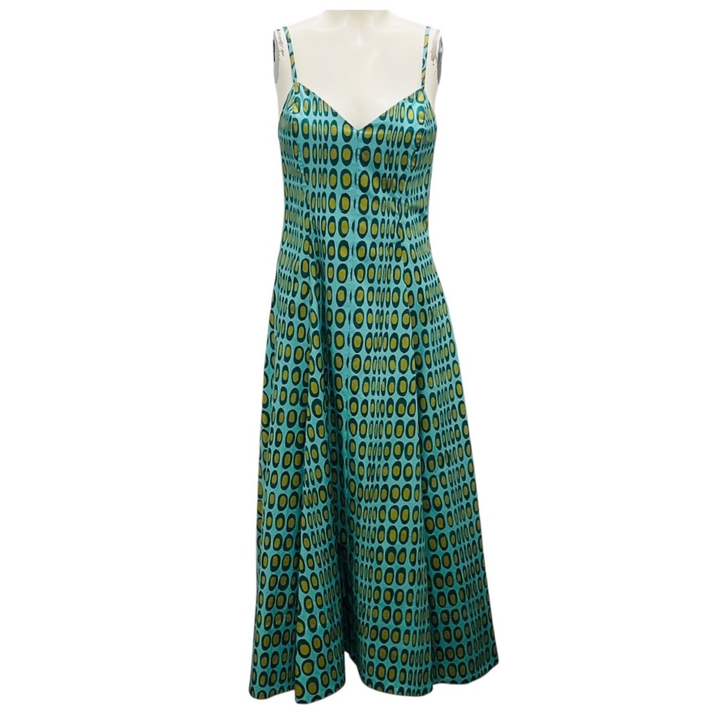 CHRISTOPHER JOHN ROGERS TURQUOISE / GOLD MULTI CIRCLE PRINT SLEEVELESS MIDI DRES